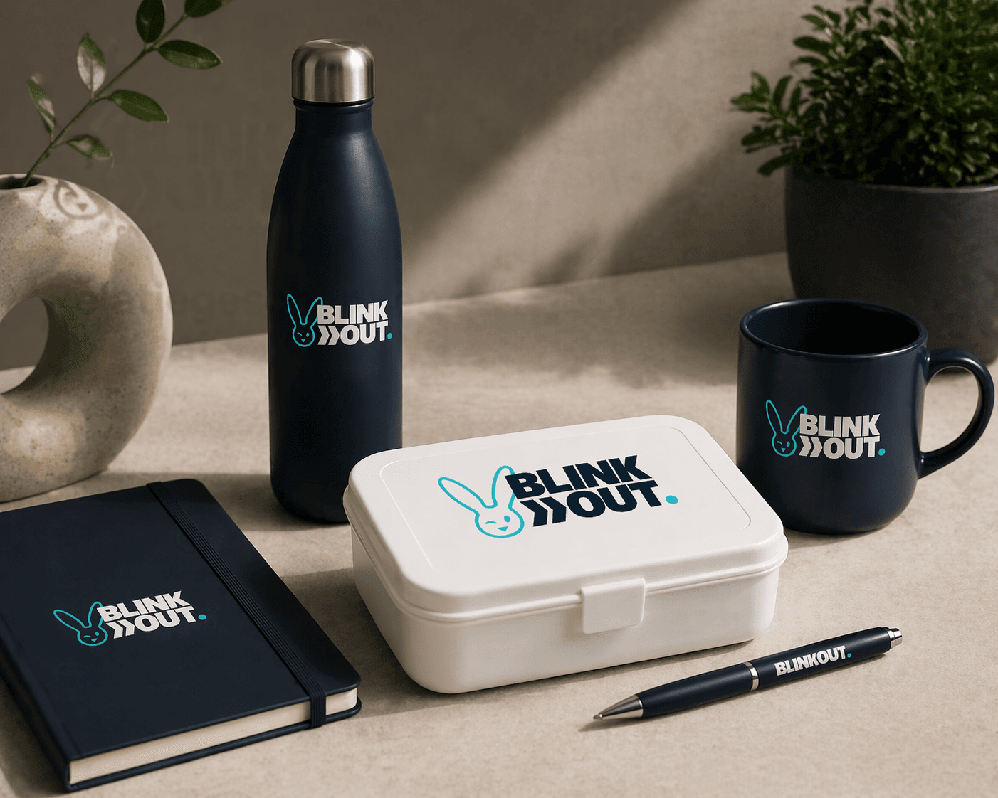 Set promotionele relatiegeschenken met BLINK OUT-logo, waaronder een thermosfles, mok, lunchbox, notitieboek en pen, stijlvol gepresenteerd op een bureau.