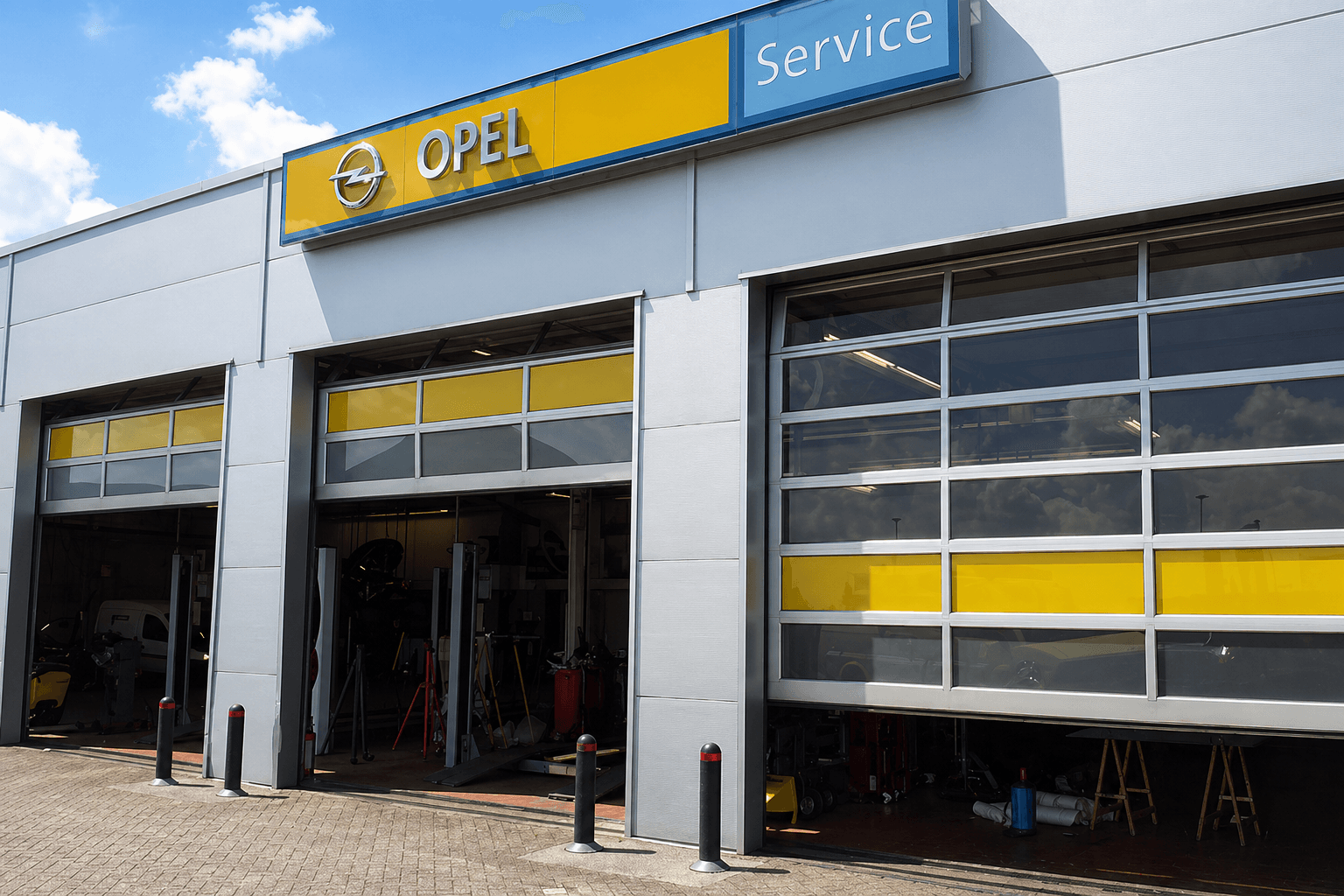Opel Service gevelreclame met geel-blauw lichtbord en gele raamfolie op garagedeuren, toegepast als herkenbare signing voor een autowerkplaats.