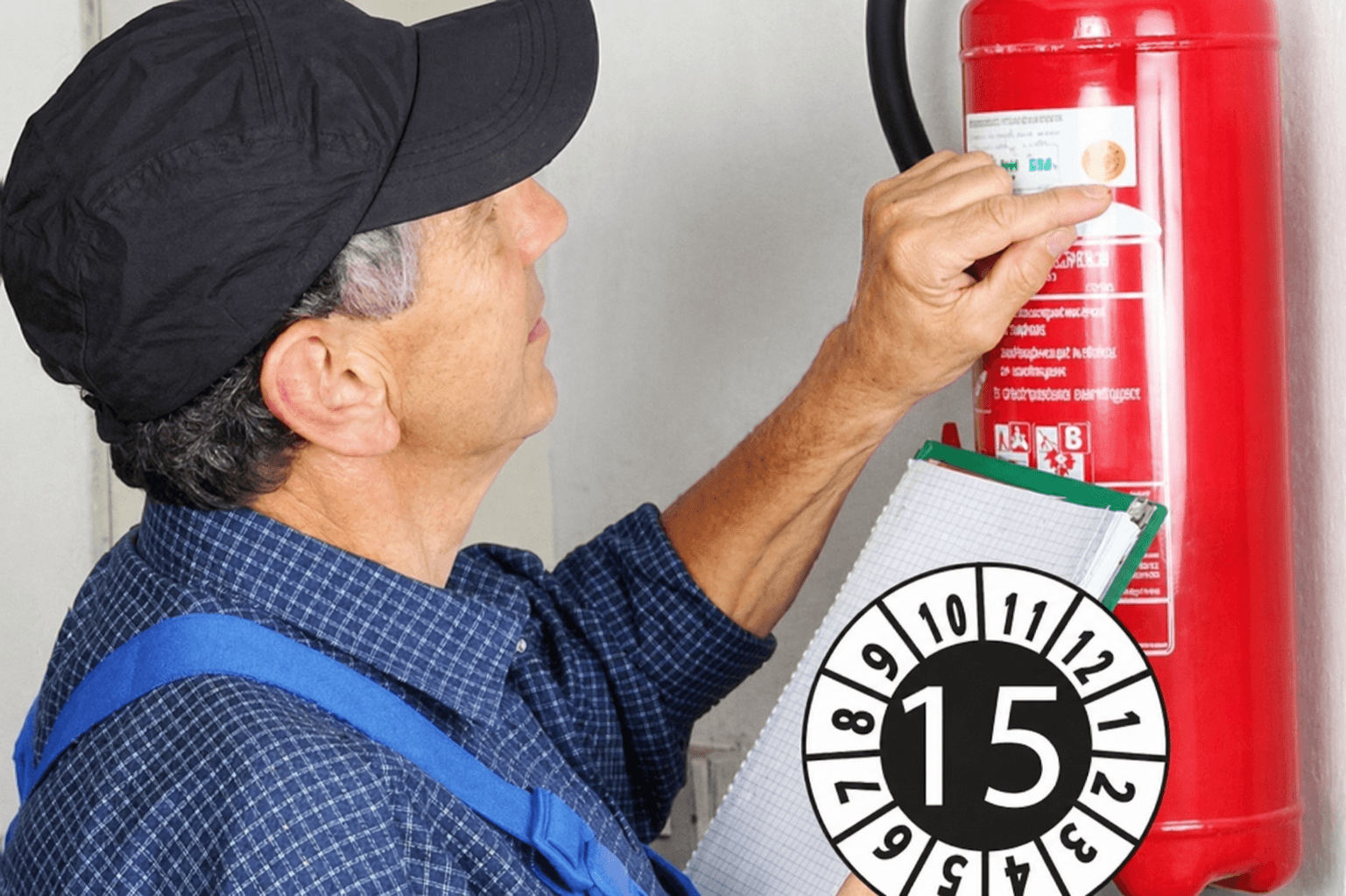 Keuringssticker en veiligheidslabel op een rode brandblusser, gecontroleerd door een persoon met clipboard als inspectiemarkering voor brandveiligheid.