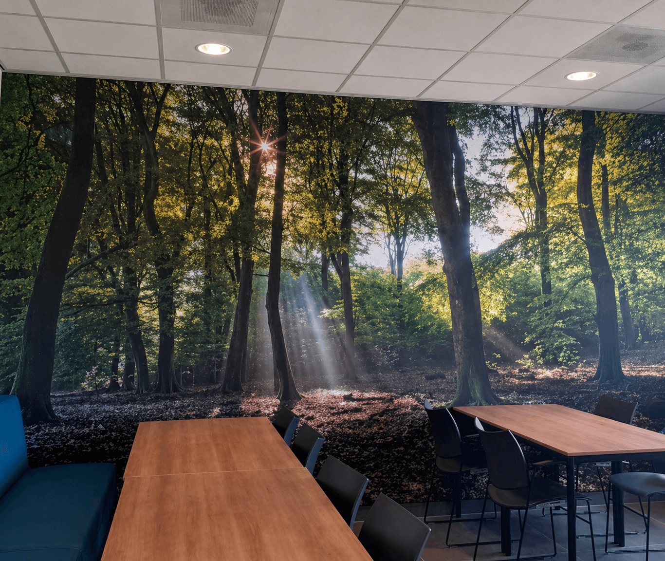 Eetruimte met kamerbrede wandprint van een boslandschap met zonlicht, toegepast als decoratieve interieurvisual en sfeervolle wandbekleding.